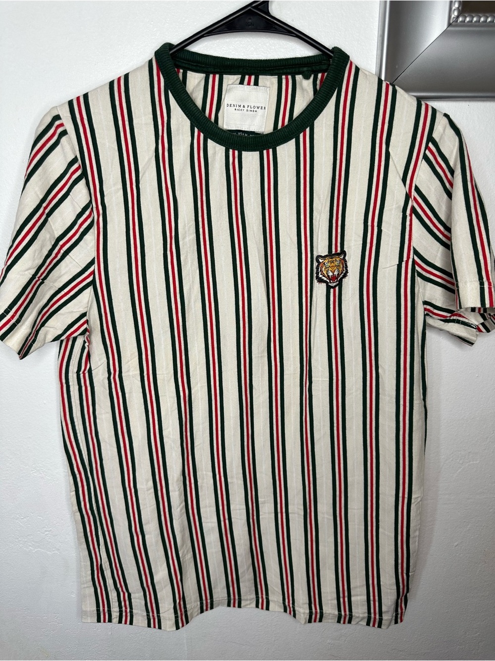 Denim & Flower Men’s Stripe Crewneck T-Shirt - Cream with Green & Red Stripes